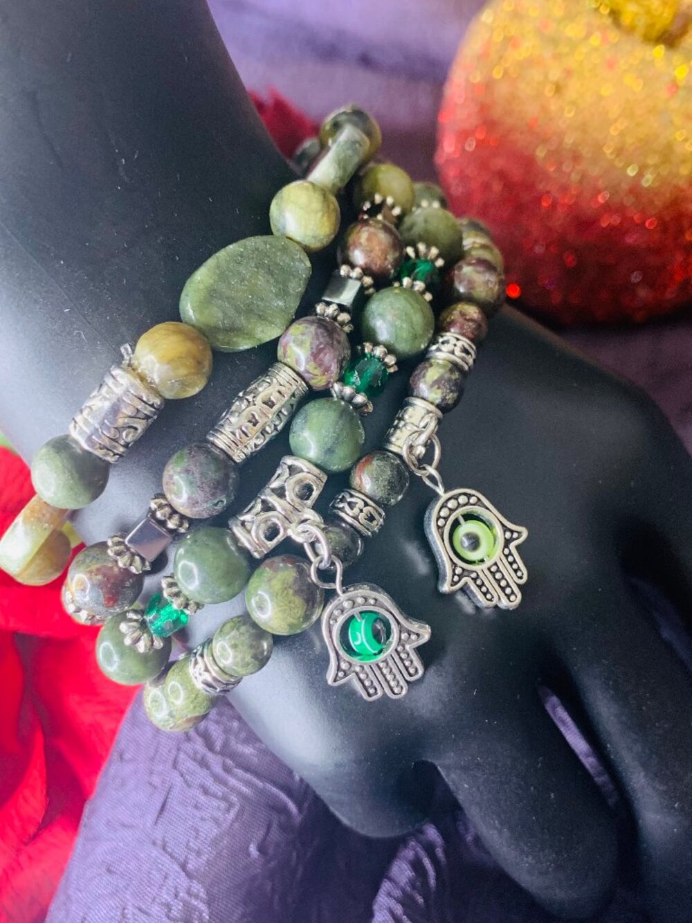Evil Eye Charm, Serpentine & Dragon's Blood Jasper, Glass & Pewter Bracelet Set